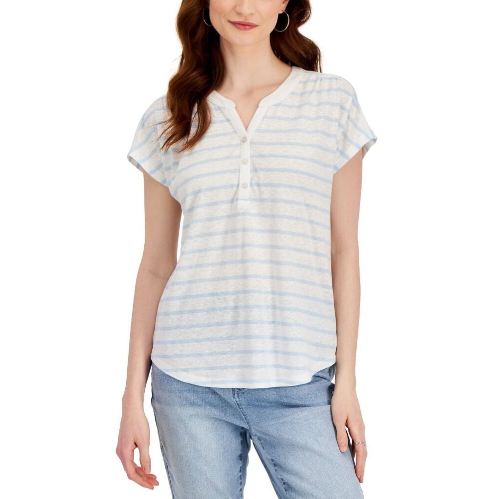 Style & Co Women's Petite Size PM Striped Henley T-Shirt in White/ Blue PM155AFA